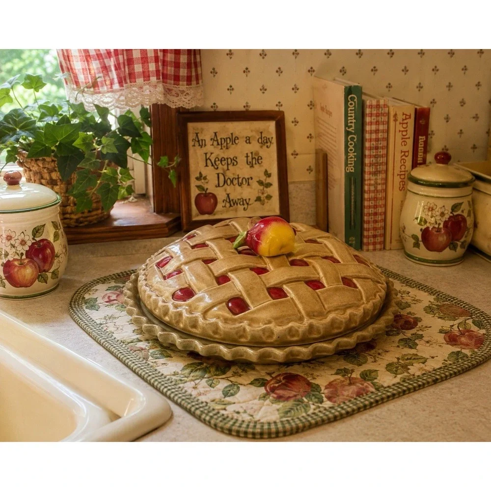 Vintage Ceramic Apple Pie Covered Dish Lattice Crust Pie Keeper Kitchen Decor